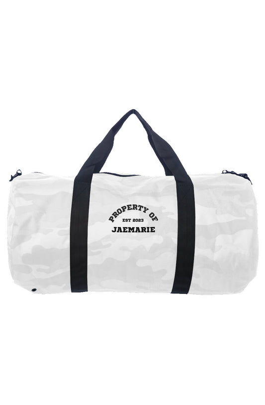 Property Of JaeMarie Embroidered Day Tripper Duffle White Camo